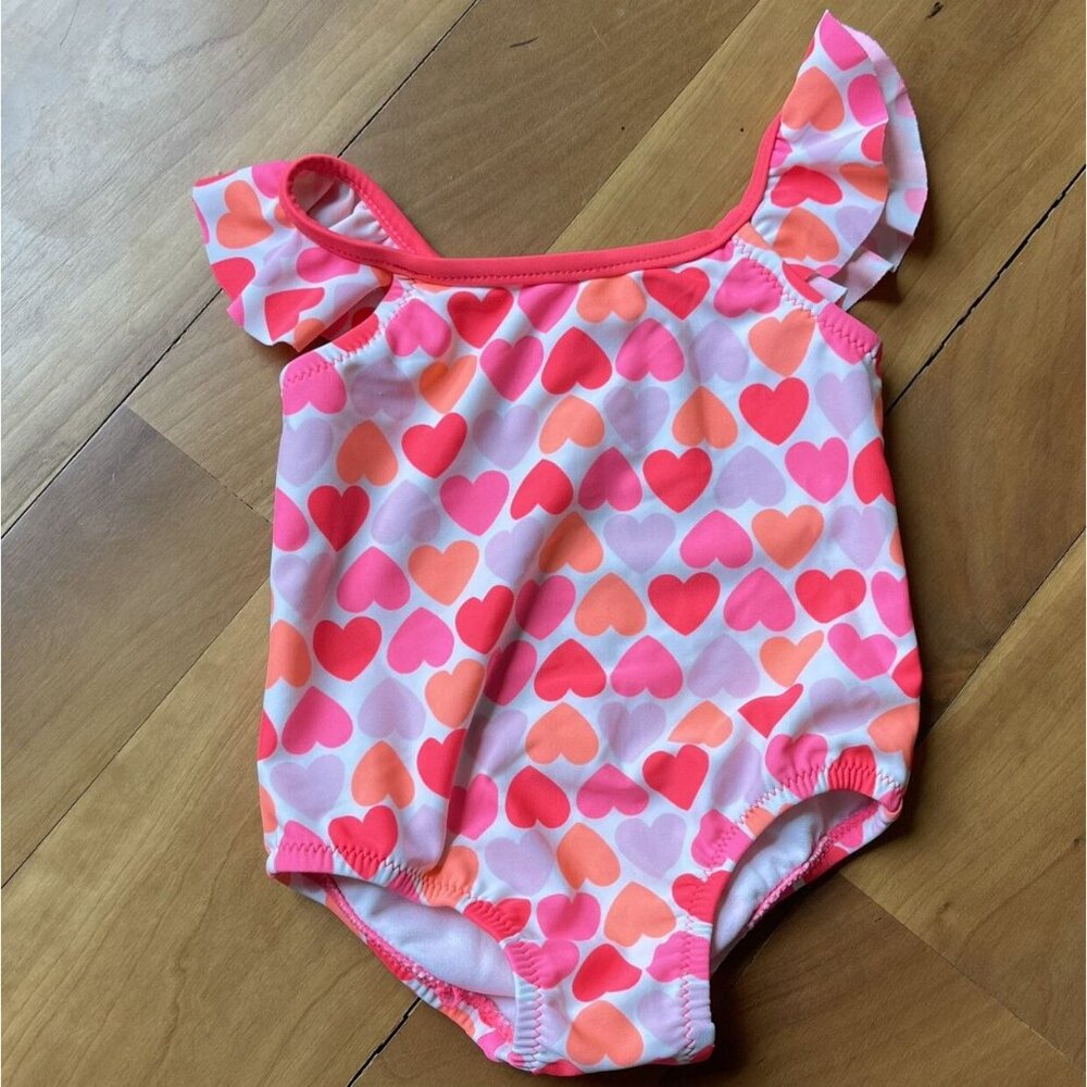 Carters Girls Heart Print One-Piece Swimsuit Size 12 Pink & Orange